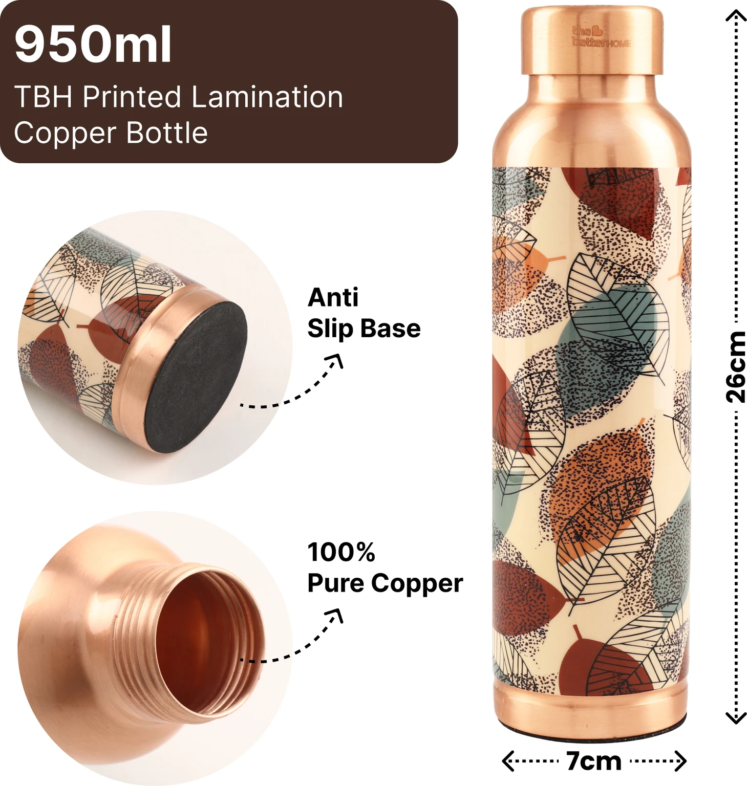 Home Bottle 950 ML Copper Bottle (Pack of 1, Light Brown) - Image 3